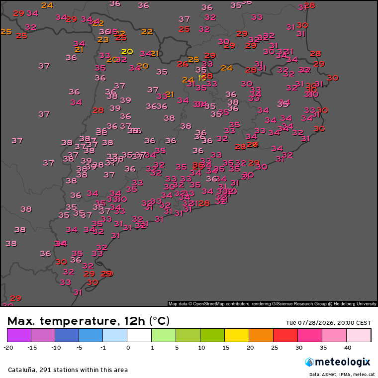 Temperatures màximes enregistrades dimarts, amb valors de 38 a 39 ºC a Ponent i punts de l'interior.