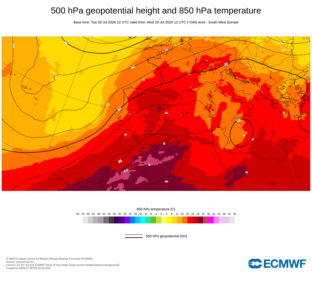 Geopotencial a 500 hPa i temperatura a 850 hPa: dorsal càlida subtropical amb impuls d'aire africà.
