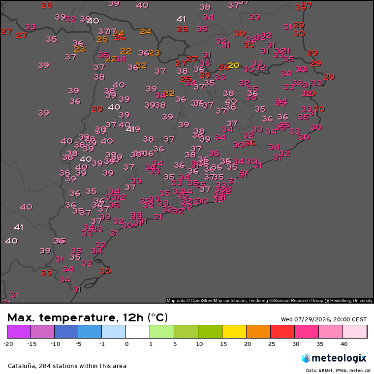 Màximes d'ahir dimecres, amb registres que van assolir i superar els 40 ºC a la vall de l'Ebre i al Pla de Lleida.