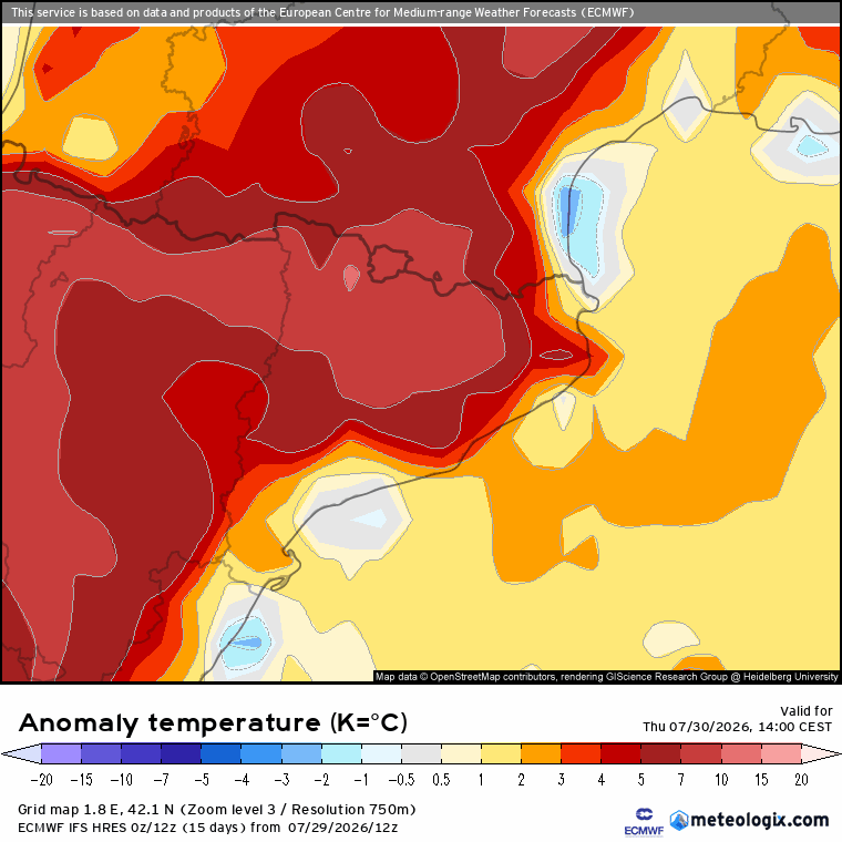 Anomalia de temperatura prevista per avui a la tarda, amb valors extremadament superiors a la mitjana a tot el nord-est peninsular.