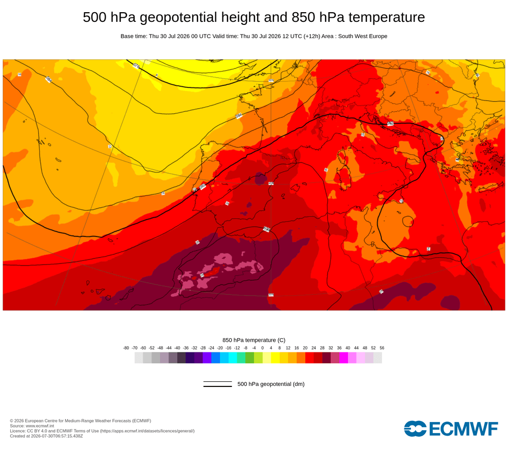 Geopotencial a 500 hPa i temperatura a 850 hPa: dorsal càlida subtropical amb impuls d'aire africà.