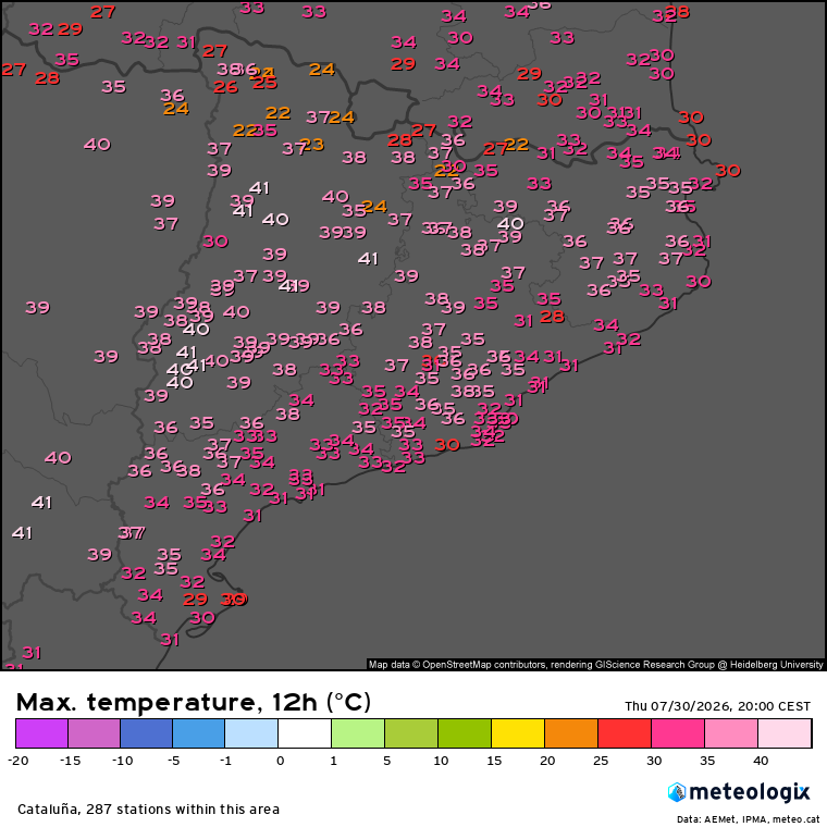 Temperatures màximes enregistrades dijous a Catalunya, amb valors puntualment superiors als 40 ºC a les comarques de Ponent.