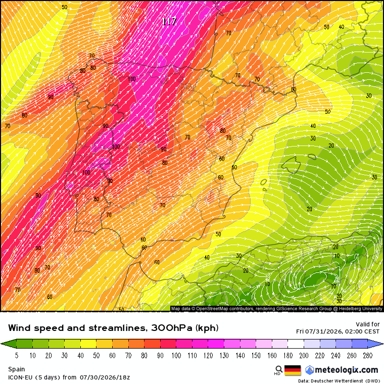 Corrent en línies de vent a 300 hPa que evidencia la circulació de component sud advectant l'aire càlid i la pols sahariana.