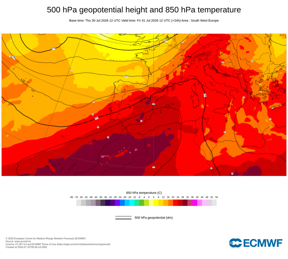 Geopotencial a 500 hPa i temperatura a 850 hPa: dorsal subtropical en alçada amb aportació de massa càlida.