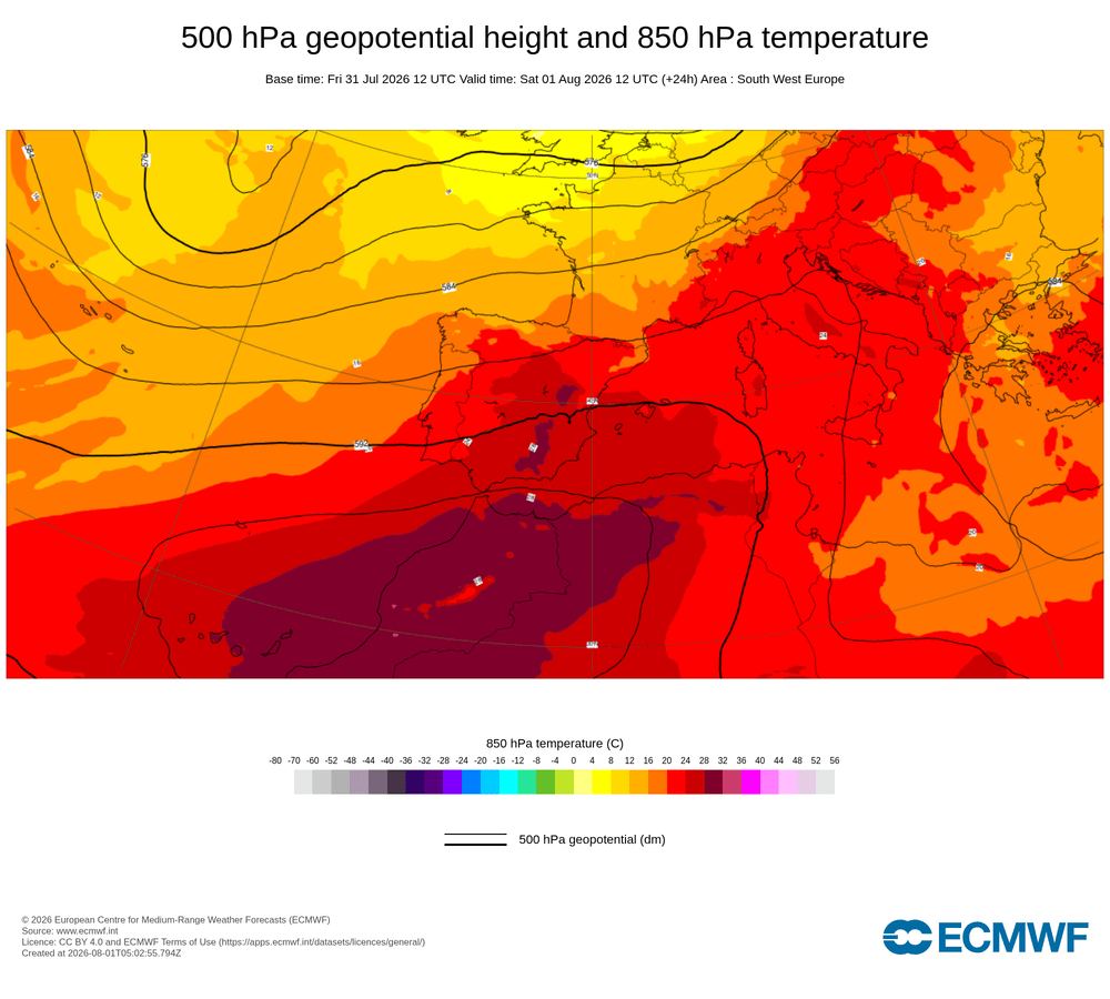 Geopotencial a 500 hPa i temperatura a 850 hPa: dorsal càlida subtropical amb advecció d'origen africà.