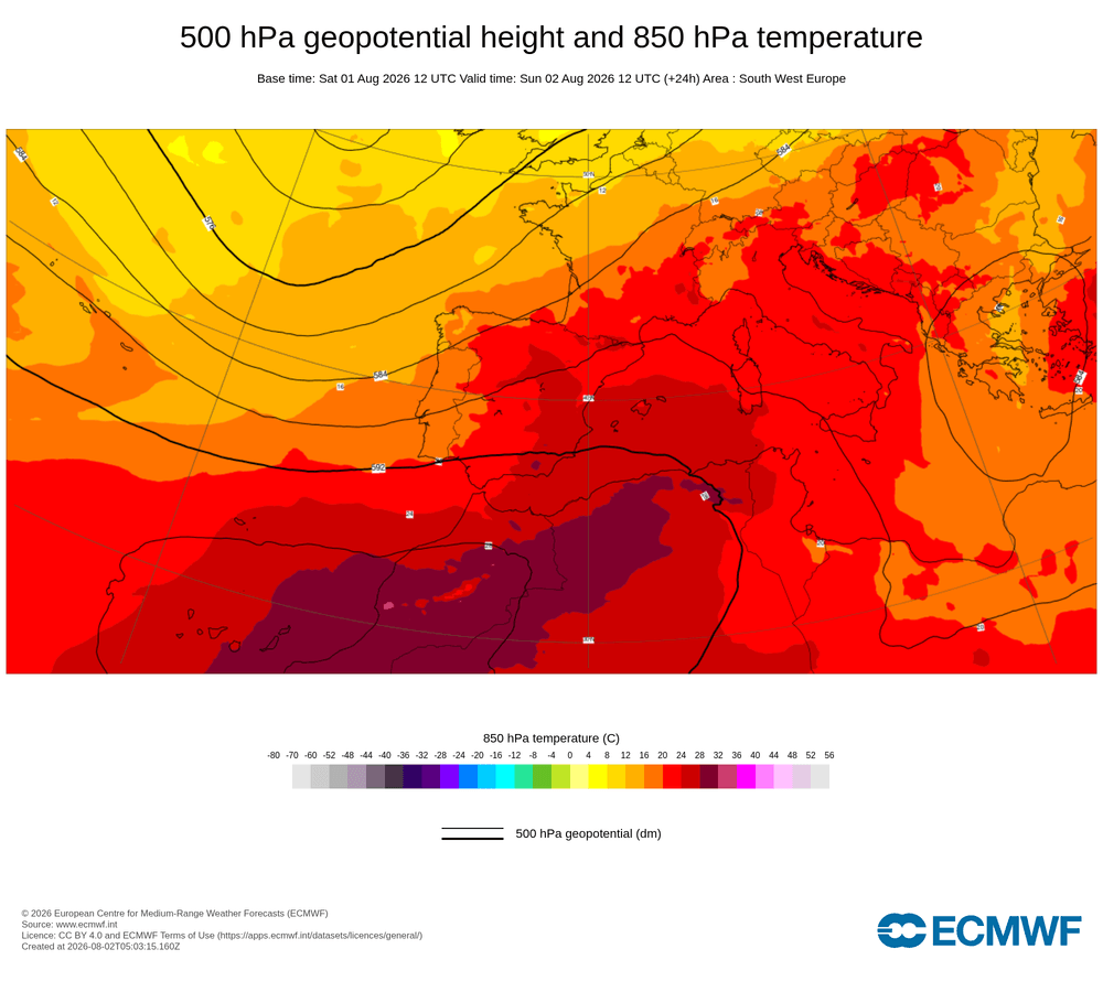 Geopotencial a 500 hPa i temperatura a 850 hPa: dorsal càlida subtropical amb advecció d'origen africà.