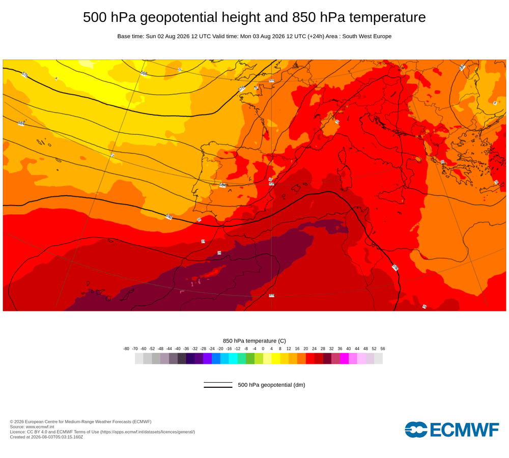 Geopotencial a 500 hPa i temperatura a 850 hPa: dorsal càlida subtropical d'origen africà en alçada.