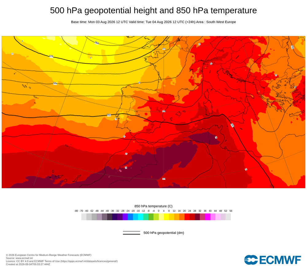 Geopotencial a 500 hPa i temperatura a 850 hPa: dorsal subtropical en alçada amb injecció de massa càlida.