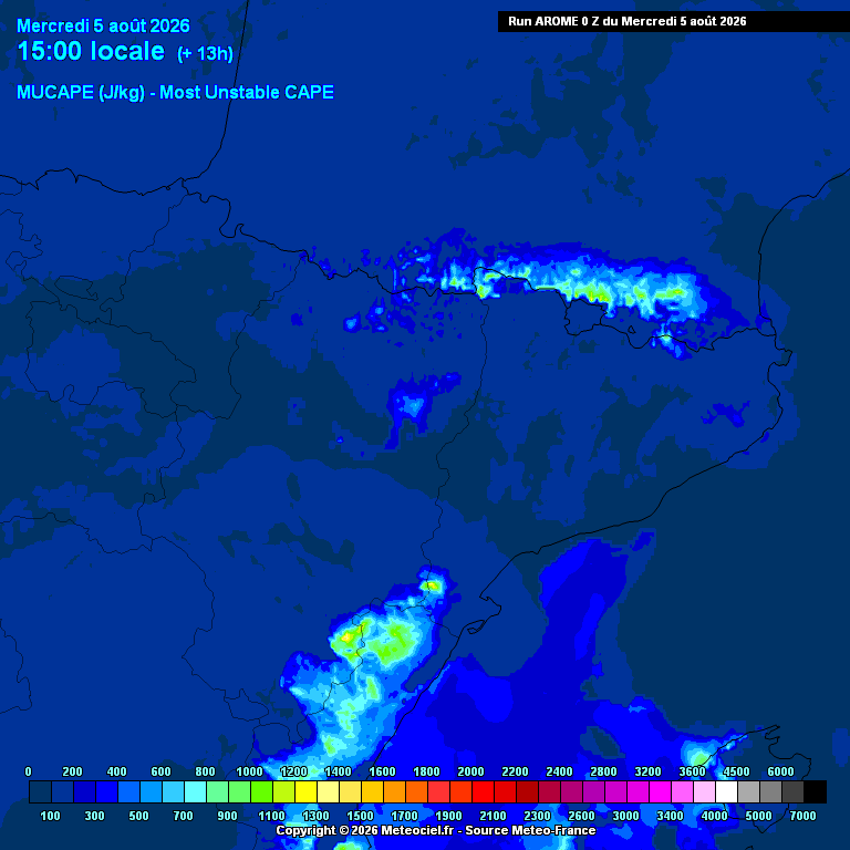 Energia convectiva disponible (MUCAPE), hora a hora: acumulació diürna sota dorsal càlida subtropical amb reforçament en alçada.
