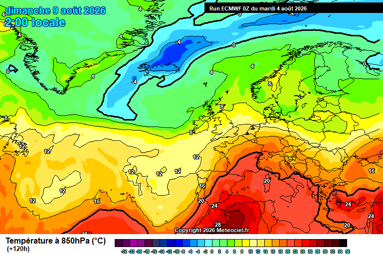 Temperatura a 850 hPa prevista per als pròxims dies.