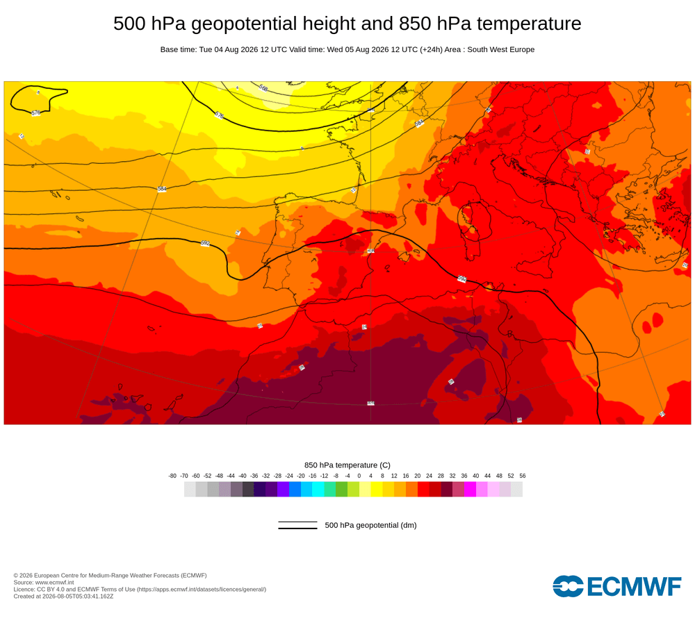 Geopotencial a 500 hPa i temperatura a 850 hPa: dorsal càlida en alçada d'origen subtropical impulsada per advecció meridional.
