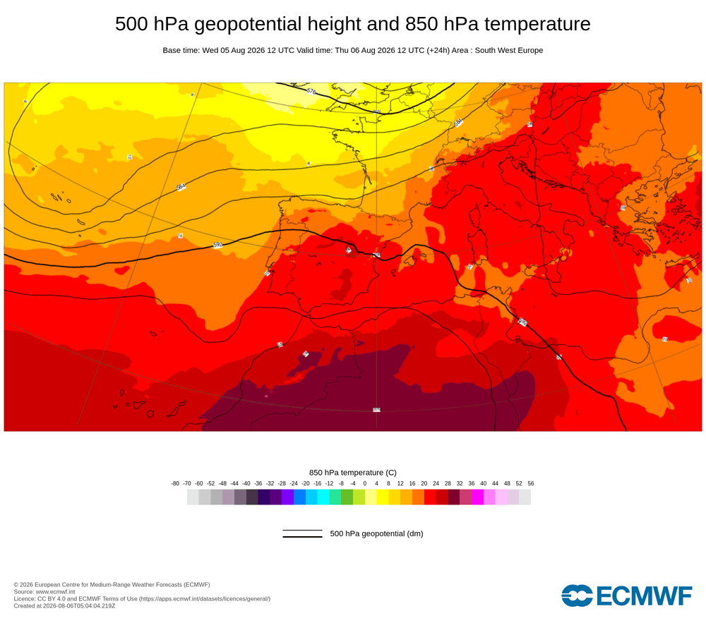 Geopotencial a 500 hPa i temperatura a 850 hPa: convergència de flux marítim costaner i rebuf en superfície.