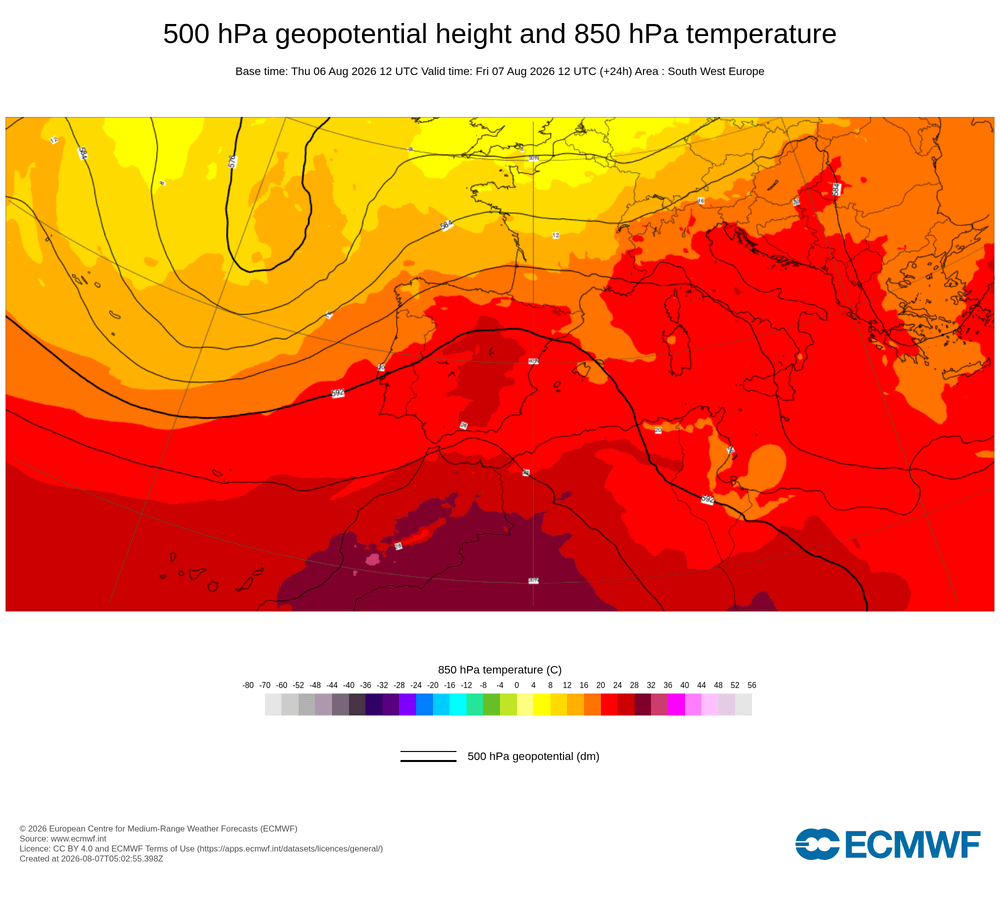 Geopotencial a 500 hPa i temperatura a 850 hPa: dorsal subtropical en alçada amb advecció d'aire càlid africà.