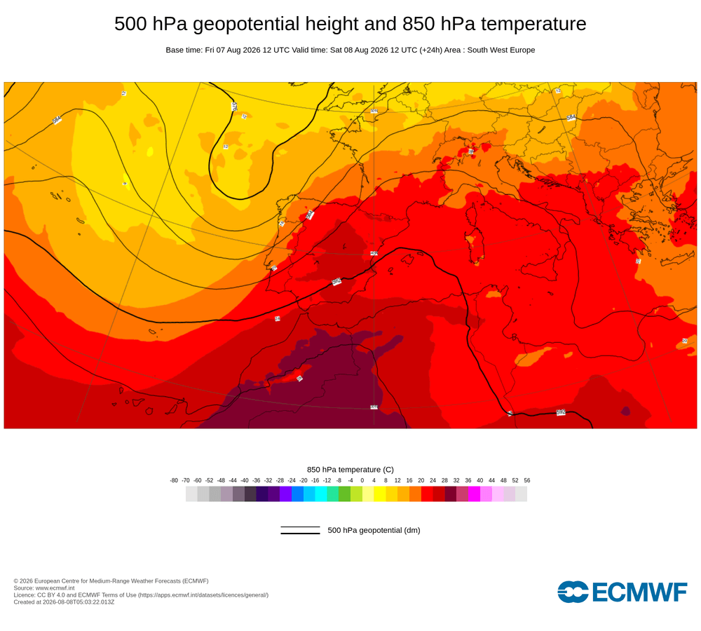 Geopotencial a 500 hPa i temperatura a 850 hPa: dorsal càlida subtropical amb advecció d'aire africà.