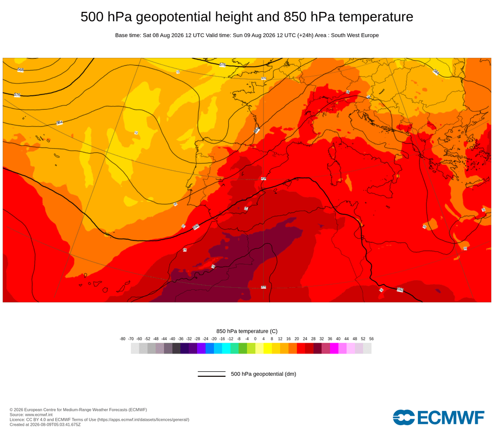Geopotencial a 500 hPa i temperatura a 850 hPa: dorsal càlida subtropical amb impuls d'aire africà.