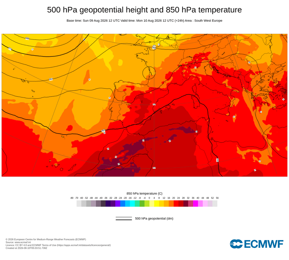 Geopotencial a 500 hPa i temperatura a 850 hPa: dorsal càlida subtropical amb advecció d'origen africà.