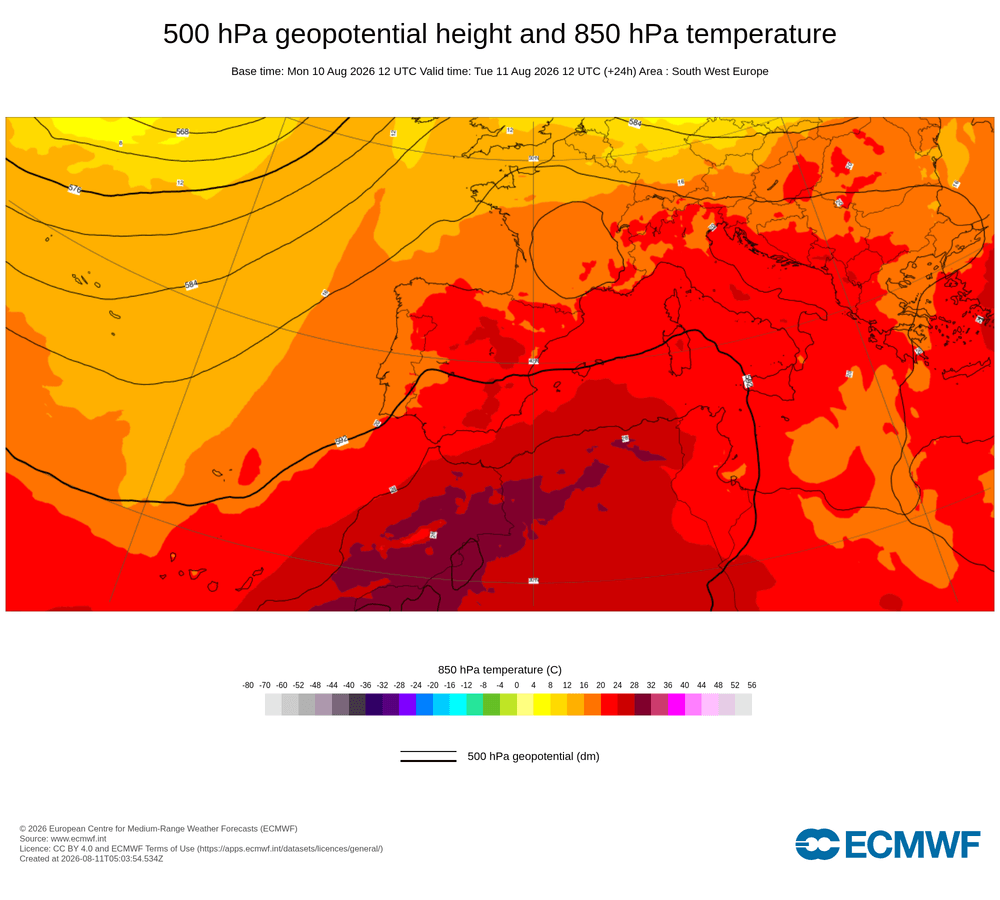 Geopotencial a 500 hPa i temperatura a 850 hPa: dorsal càlida subtropical amb impuls d aire calent en alçada.