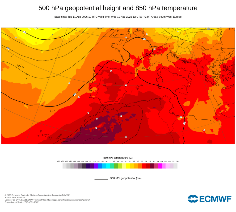 Geopotencial a 500 hPa i temperatura a 850 hPa: dorsal càlida subtropical amb impuls d aire càlid en alçada.