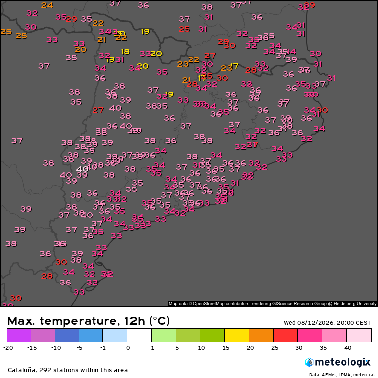 Temperatures màximes enregistrades dimecres 12 d'agost, amb valors de fins a 40 ºC a Ponent.