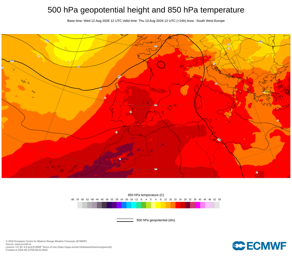 Geopotencial a 500 hPa i temperatura a 850 hPa: dorsal càlida subtropical amb impuls d'aire africà en alçada.