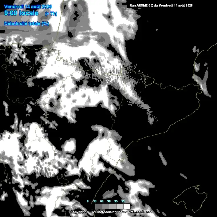 Cobertura nuvolosa prevista hora a hora (model AROME, alta resolució sobre Catalunya).