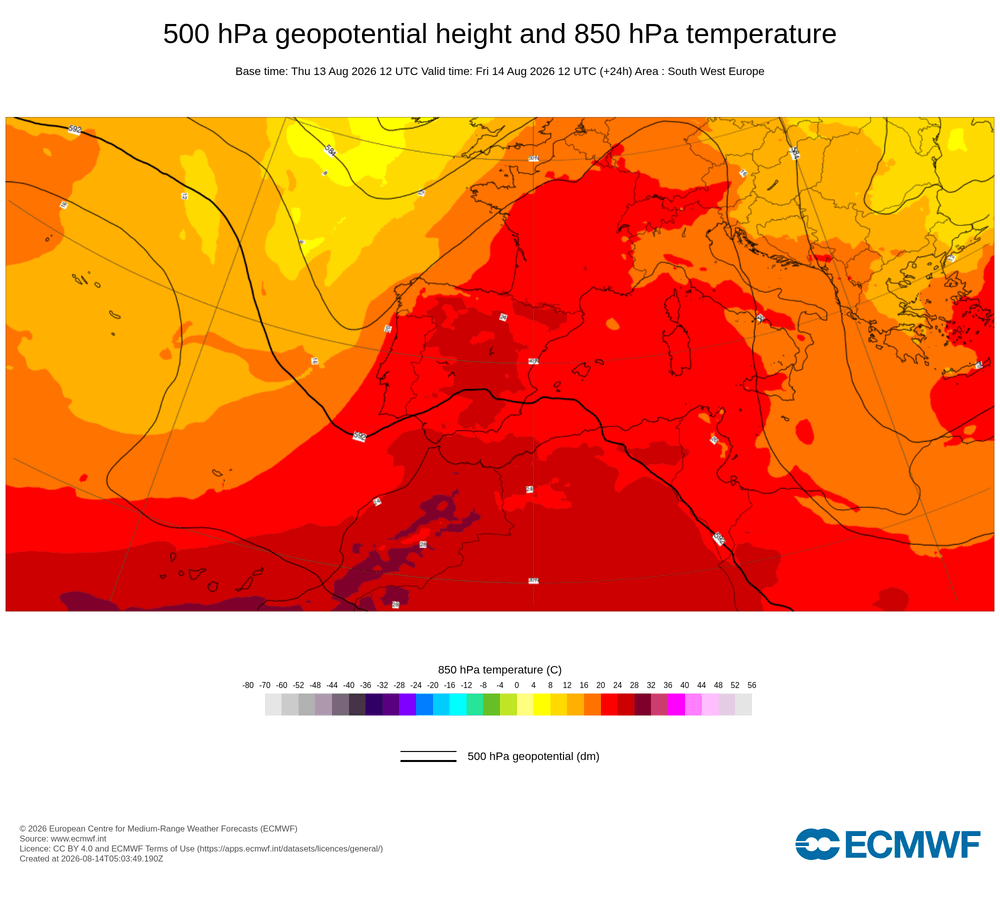 Geopotencial a 500 hPa i temperatura a 850 hPa: dorsal subtropical en alçada amb aportació de massa d'aire càlid.