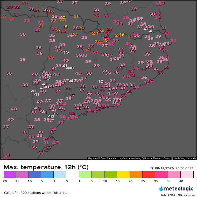 Temperatures màximes registrades divendres 14 d'agost, amb valors de fins a 41-42 ºC a Ponent.