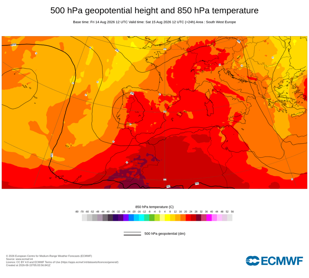 Geopotencial a 500 hPa i temperatura a 850 hPa: dorsal càlida subtropical amb advecció d'aire africà.