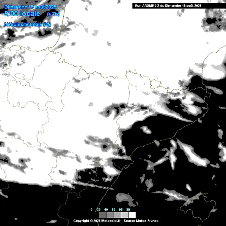Cobertura nuvolosa prevista hora a hora (model AROME, alta resolució sobre Catalunya).