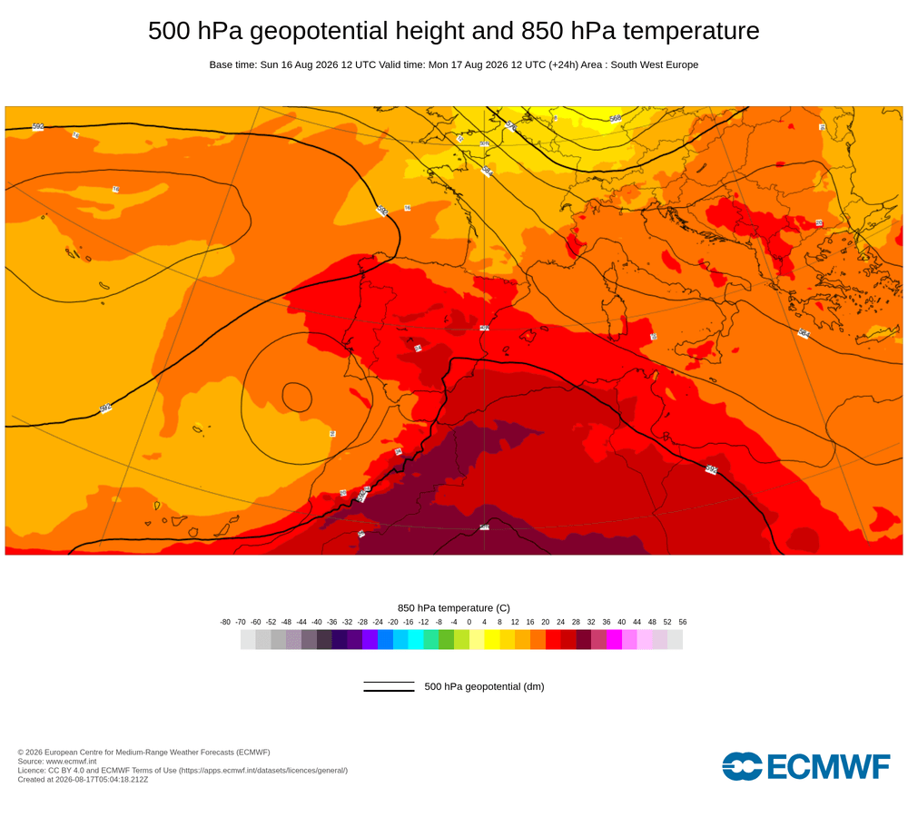 Geopotencial a 500 hPa i temperatura a 850 hPa: dorsal càlida subtropical amb impuls d'aire africà.