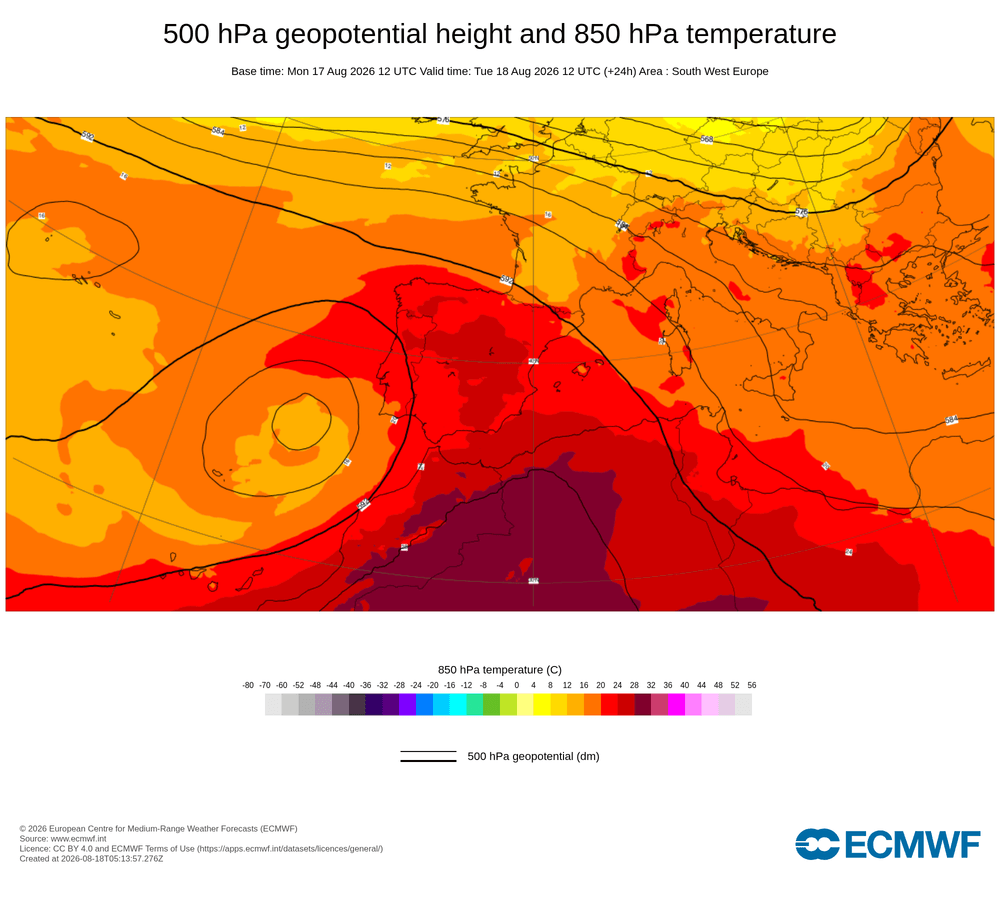 Geopotencial a 500 hPa i temperatura a 850 hPa: dorsal càlida subtropical amb advecció d'aire africà.