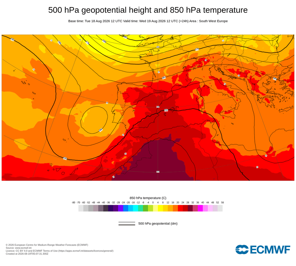 Geopotencial a 500 hPa i temperatura a 850 hPa: dorsal càlida subtropical amb impuls d'aire africà en alçada.