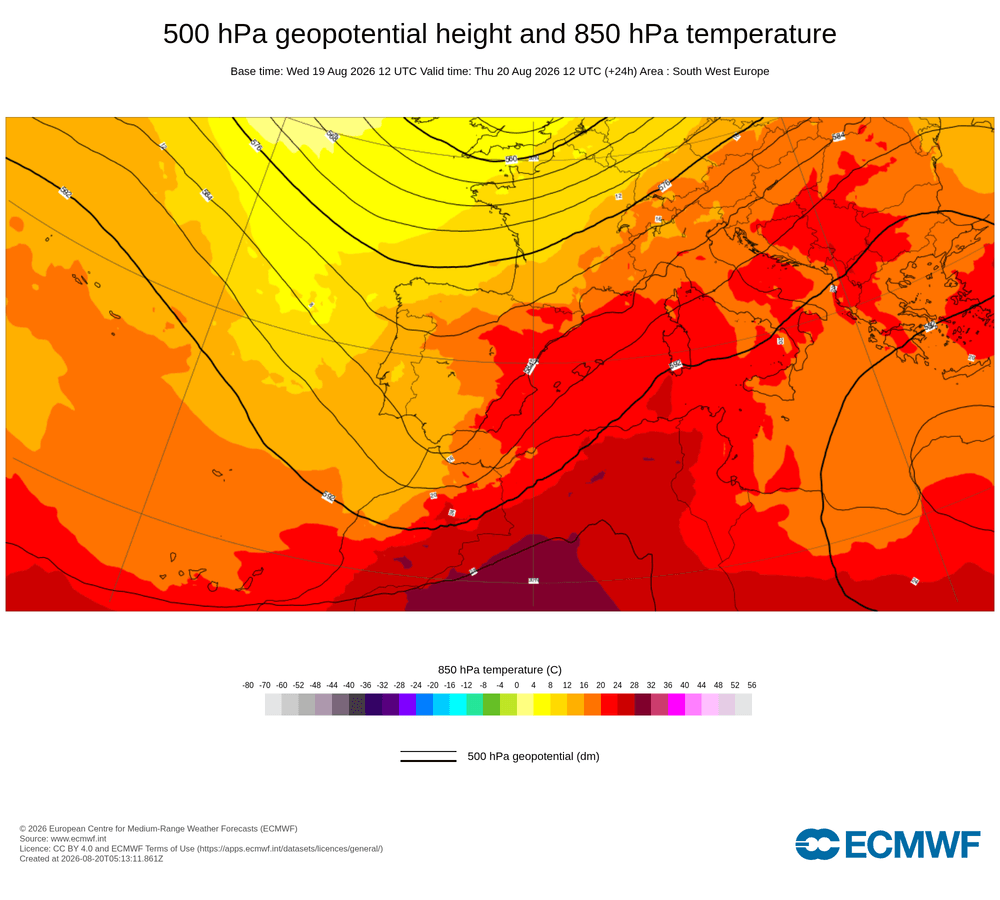 Geopotencial a 500 hPa i temperatura a 850 hPa: convergència de flux marítim de rebuf amb xoc de vents costaners.