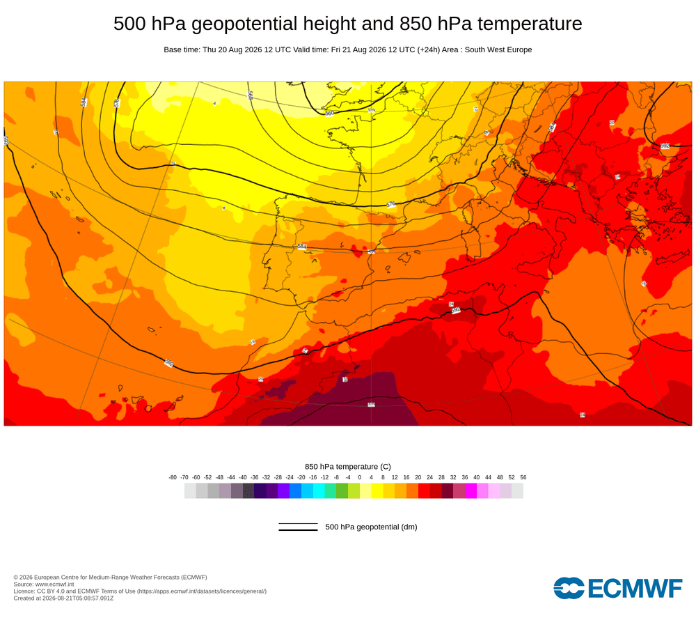 Geopotencial a 500 hPa i temperatura a 850 hPa: convergència marítima de rebuf per xoc de fluxos costaners.
