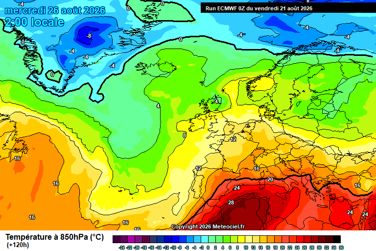 Temperatura a 850 hPa prevista per als pròxims dies.