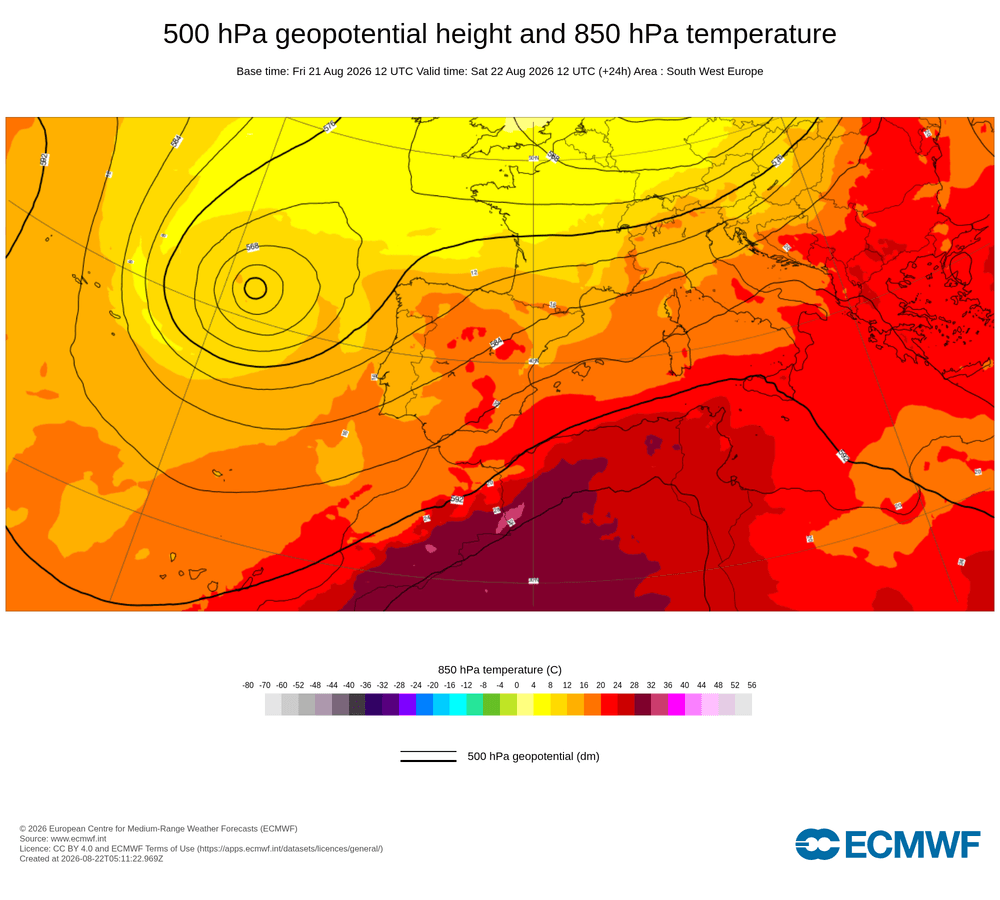 Geopotencial a 500 hPa i temperatura a 850 hPa: convergència de flux marítim en superfície amb rebuf costaner.