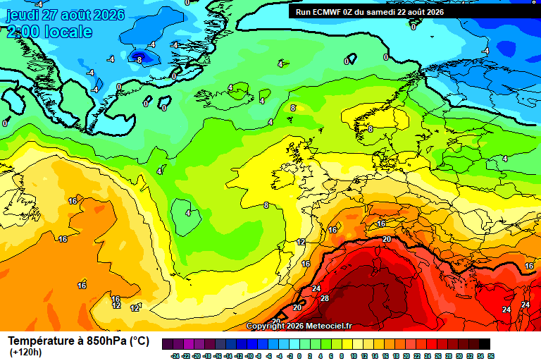 Temperatura a 850 hPa prevista per als pròxims dies.