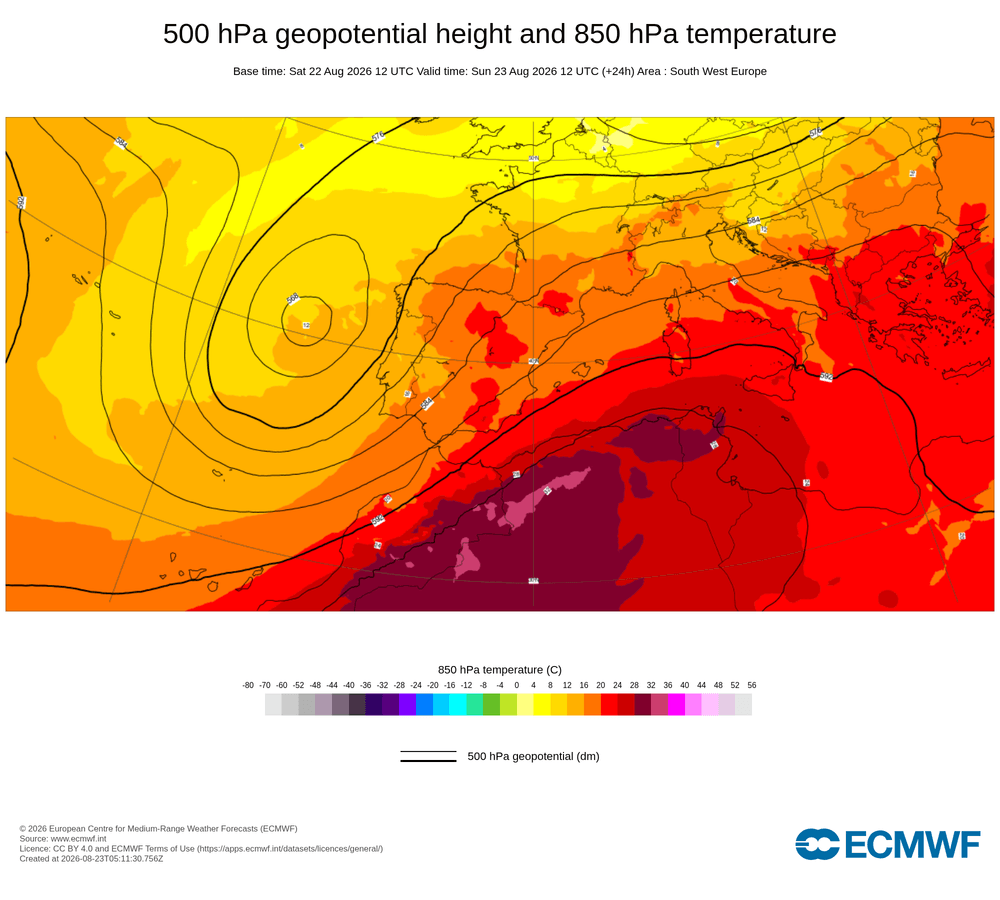 Geopotencial a 500 hPa i temperatura a 850 hPa: convergència de flux marítim de rebuf a la costa catalana.