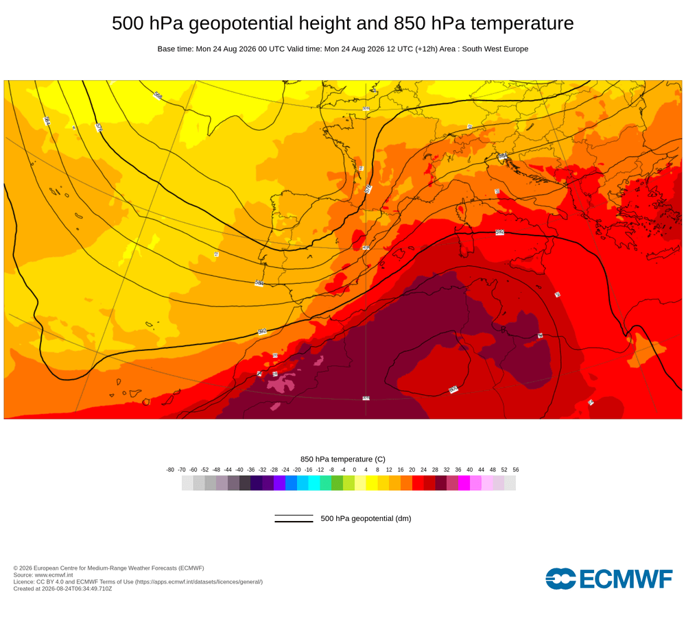 Geopotencial a 500 hPa i temperatura a 850 hPa: convergència costanera amb flux de retorn marítim.