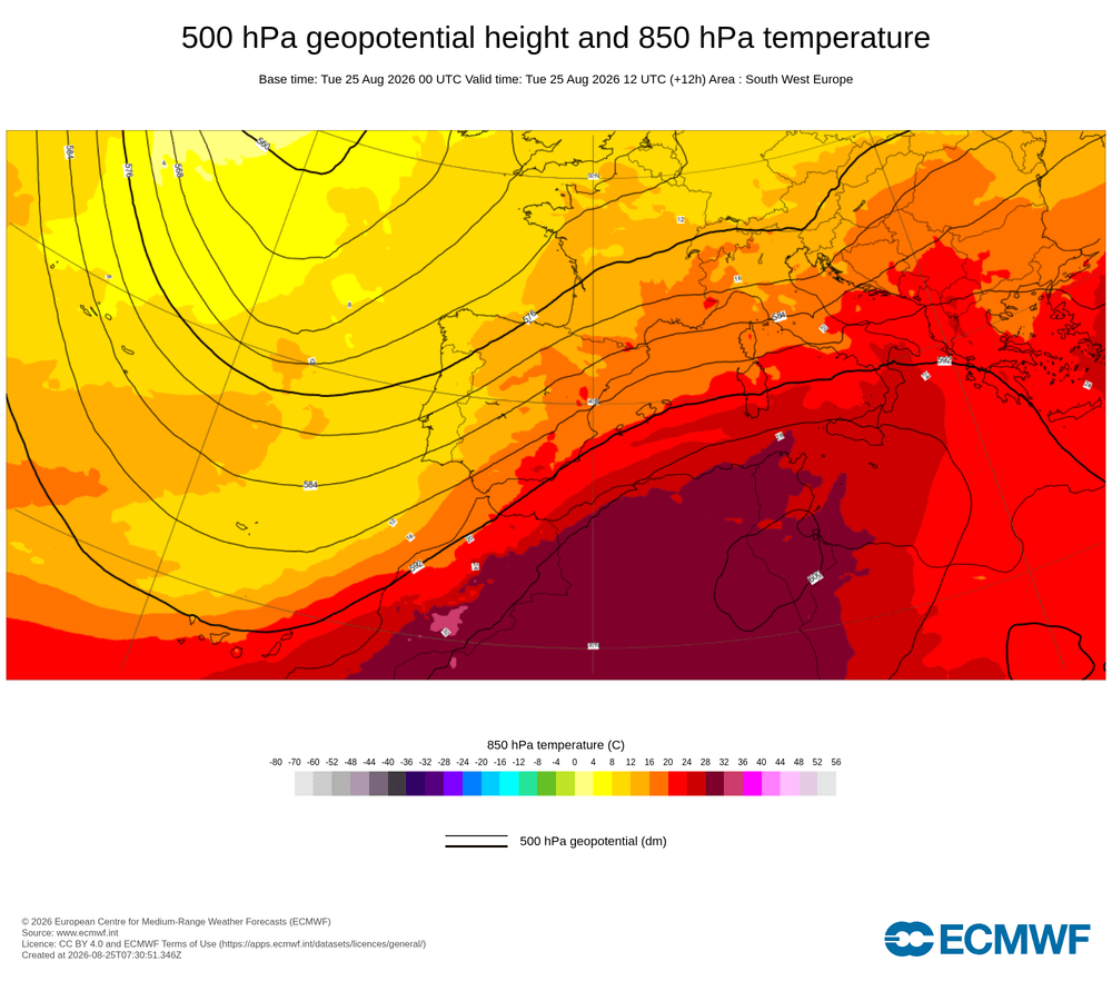 Geopotencial a 500 hPa i temperatura a 850 hPa: dorsal càlida subtropical amb circulació d'origen africà en alçada.