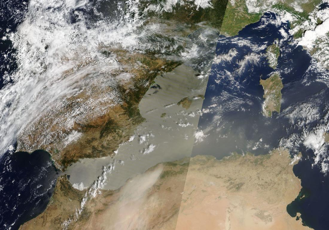 Imatge de satèl·lit del dia: flux meridional amb transport de pols sahariana cap a la península.
