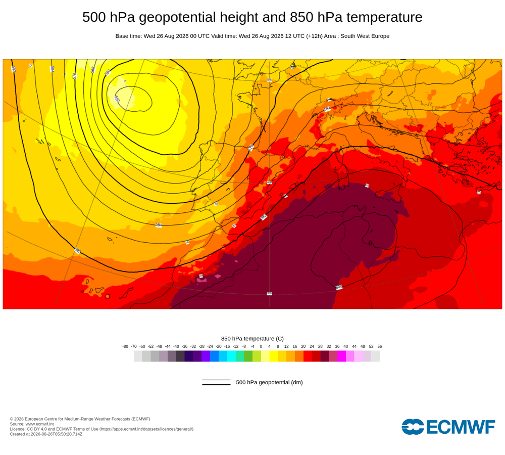 Geopotencial a 500 hPa i temperatura a 850 hPa: advectiu meridional amb transport de massa d'aire saharià.