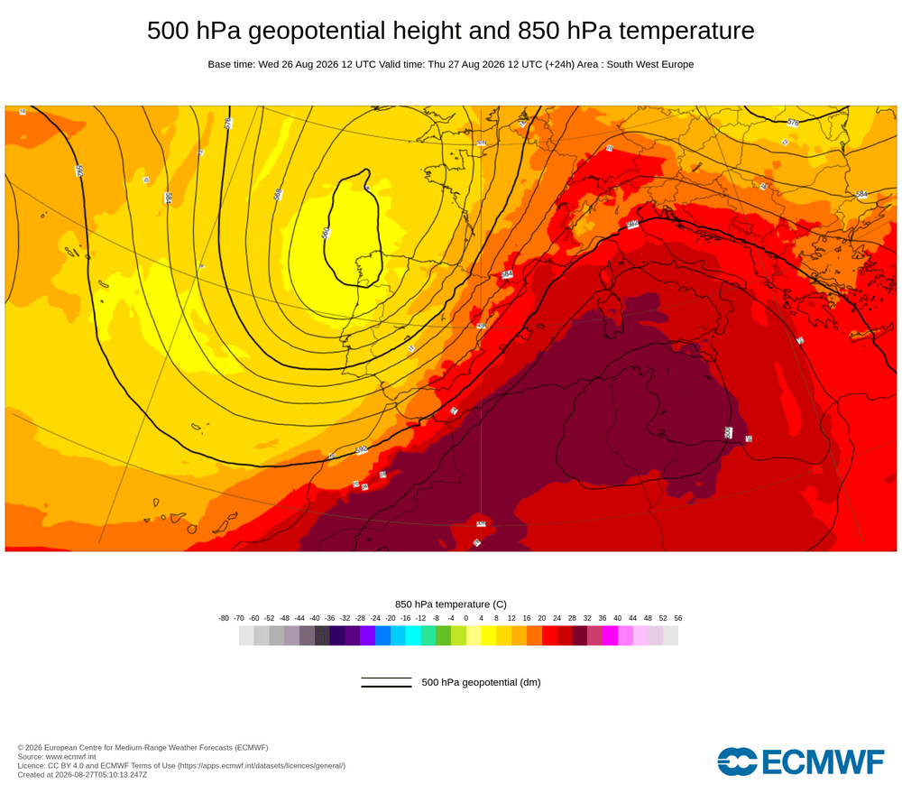 Geopotencial a 500 hPa i temperatura a 850 hPa: advecció càlida des del nord d'Àfrica amb flux meridional intens.