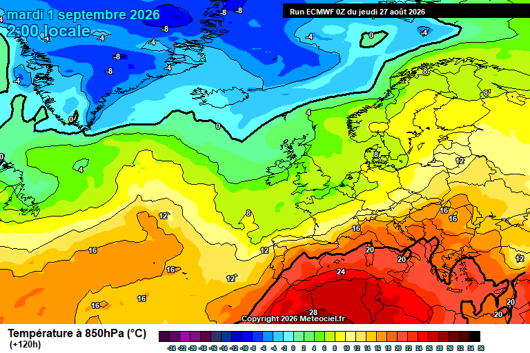 Temperatura a 850 hPa prevista per als pròxims dies.
