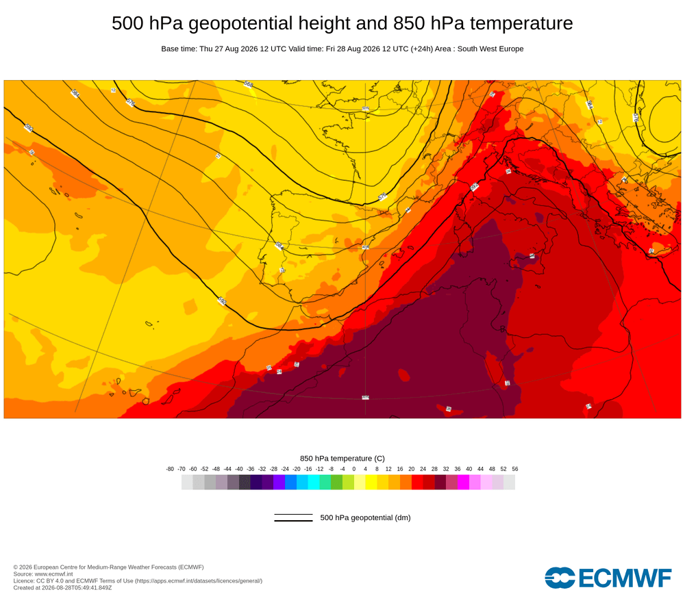 Geopotencial a 500 hPa i temperatura a 850 hPa: anticicló atlàntic amb desviació de borrasques cap a latituds meridionals.