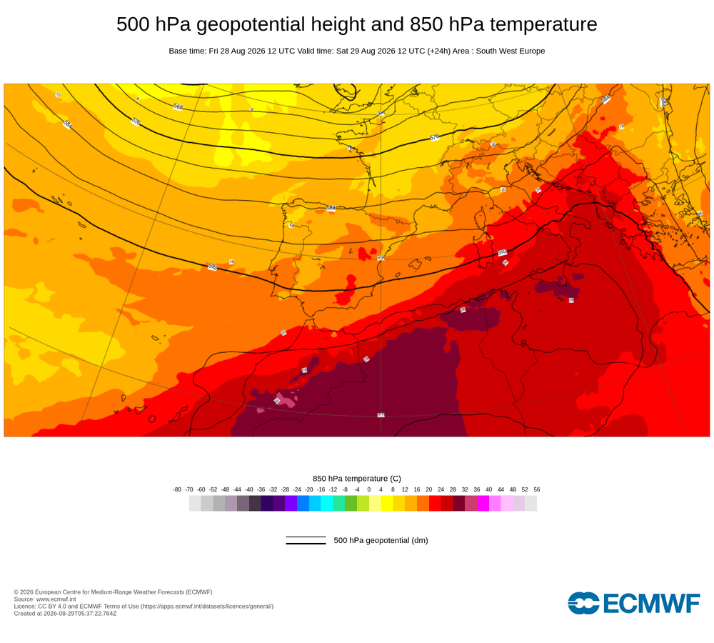 Geopotencial a 500 hPa i temperatura a 850 hPa: establiment d'un anticicló bloquejant que desvia les pertorbacions.