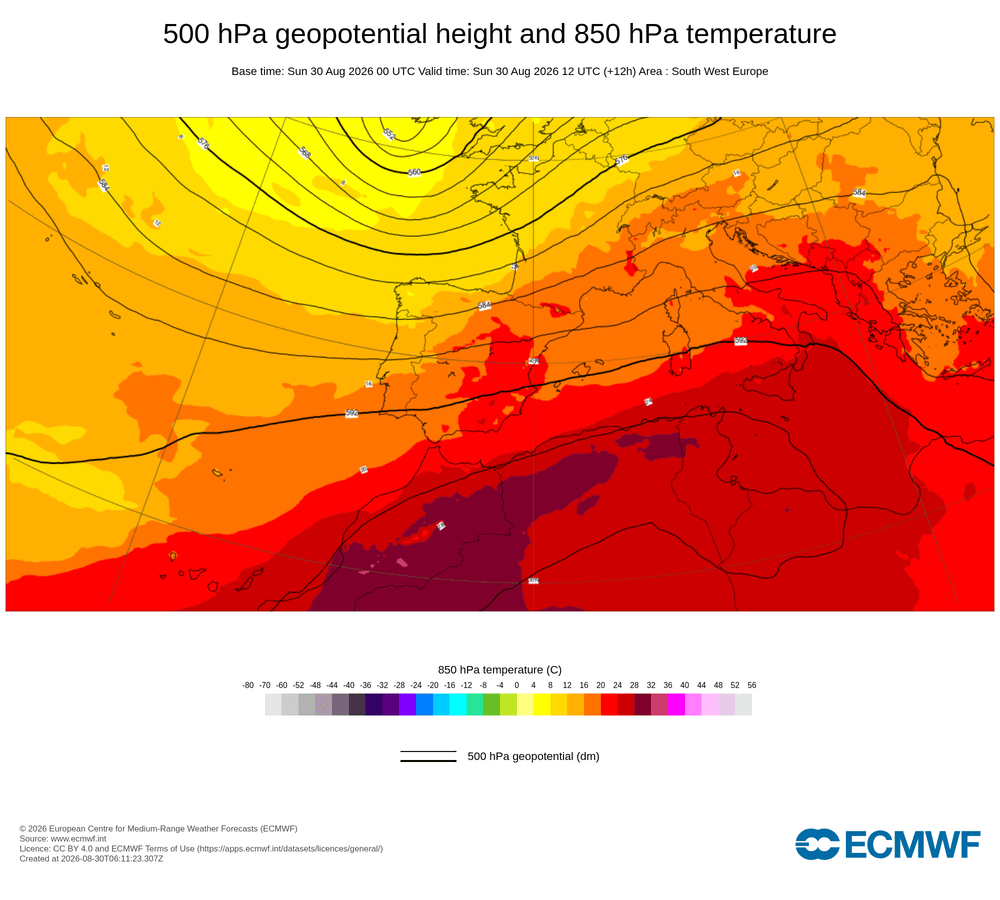 Geopotencial a 500 hPa i temperatura a 850 hPa: dorsal càlida subtropical amb impuls d'aire calent en alçada.