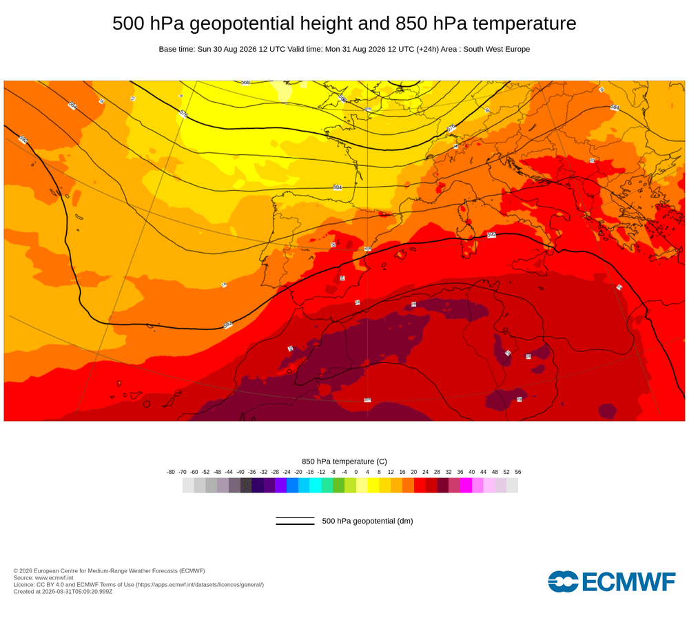 Geopotencial a 500 hPa i temperatura a 850 hPa: dorsal càlida subtropical amb transport d'aire africà en alçada.