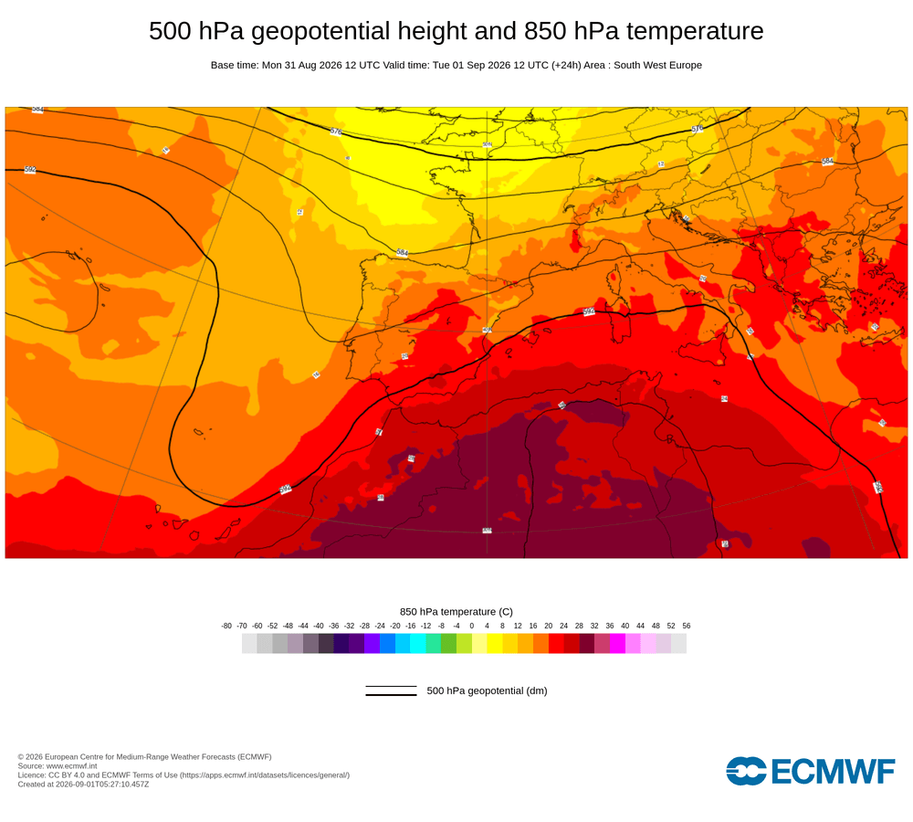 Geopotencial a 500 hPa i temperatura a 850 hPa: dorsal càlida subtropical amb advecció d'aire saharià.