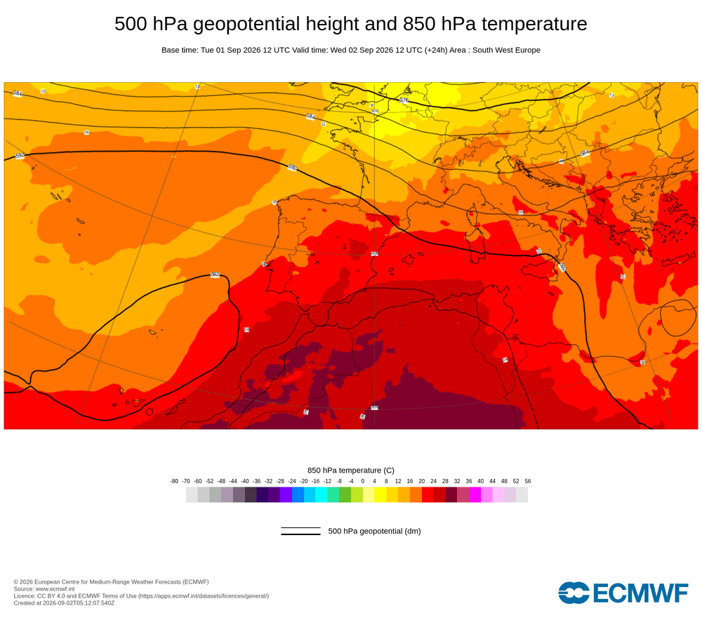 Geopotencial a 500 hPa i temperatura a 850 hPa: dorsal càlida en alçada amb advecció subtropical.